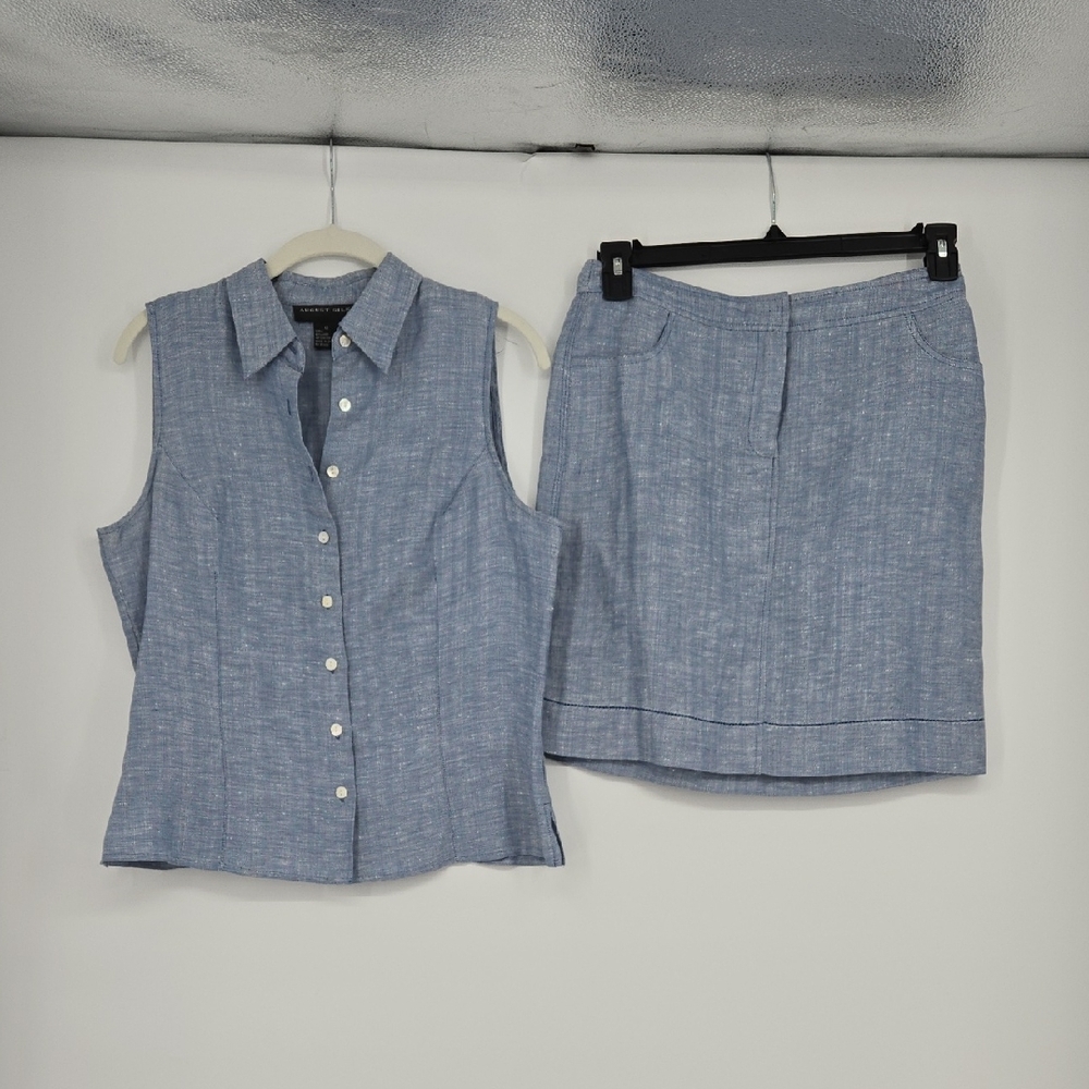 August Silk Blue Sleeveless Button-Up Top and Skirt Set Top Size 12 Skirt Size 8